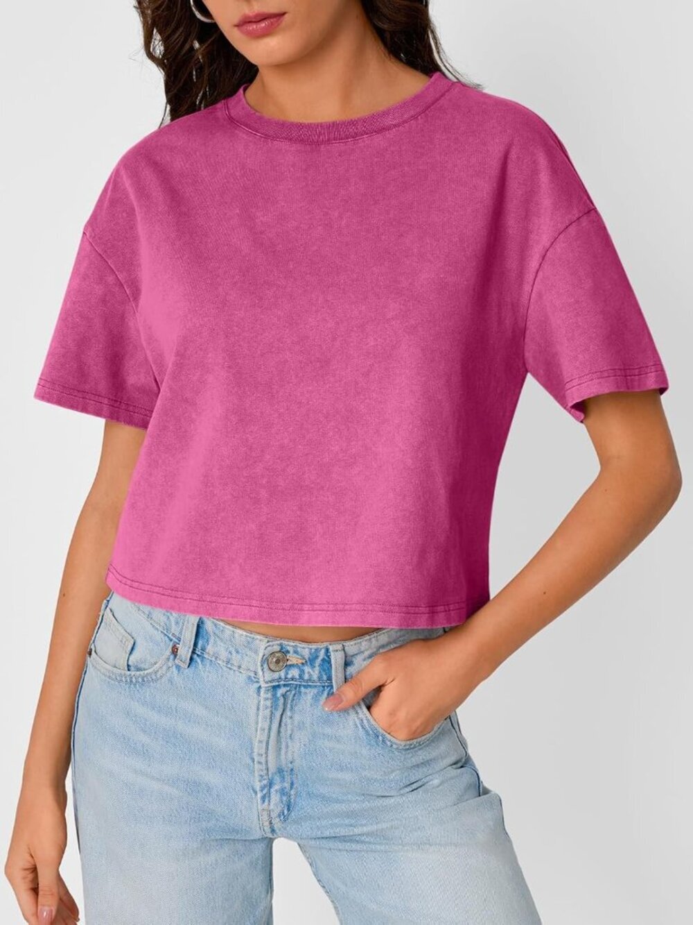 Women's Hot Pink Short Sleeve ACID Wash Casual Summer Baggy Cotton Crop Tops - Picture 2 of 5